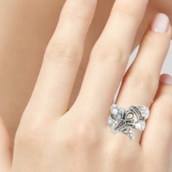 JOHN HARDY STERLING SILVER DYED CHALCEDONY & PYRITE CROCODILE JAI COCKTAIL RING - Picture 11 of 13